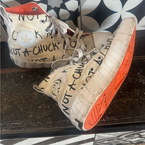Converse Winter White High-Tops with Black “NOT A CHUCK” wording- so fun &unique - Picture 3 of 12